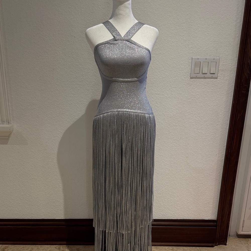 Herve Leger Silver Strapless Dress with Fringe